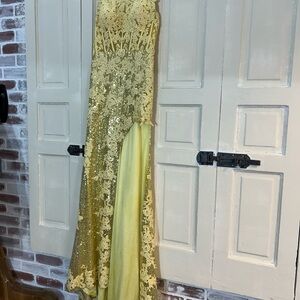 Gold Sequin PROM Lace Evening Gown with Side Slit